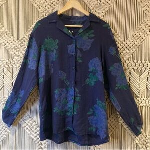 120% Lino Blue Floral Linen Button Up Collared Shirt